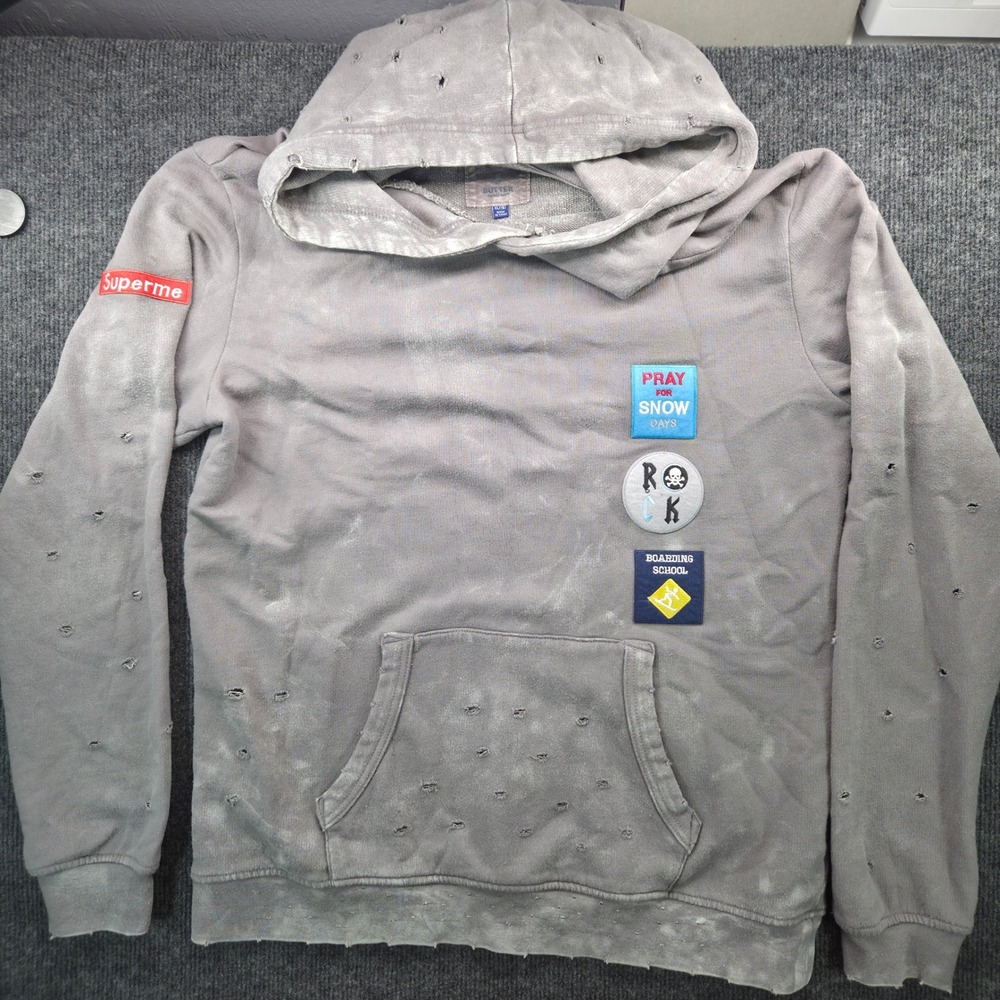 Butter Super Soft Kids XL 18 Grey Cotton Distressed Patch Hoodie Streetwear